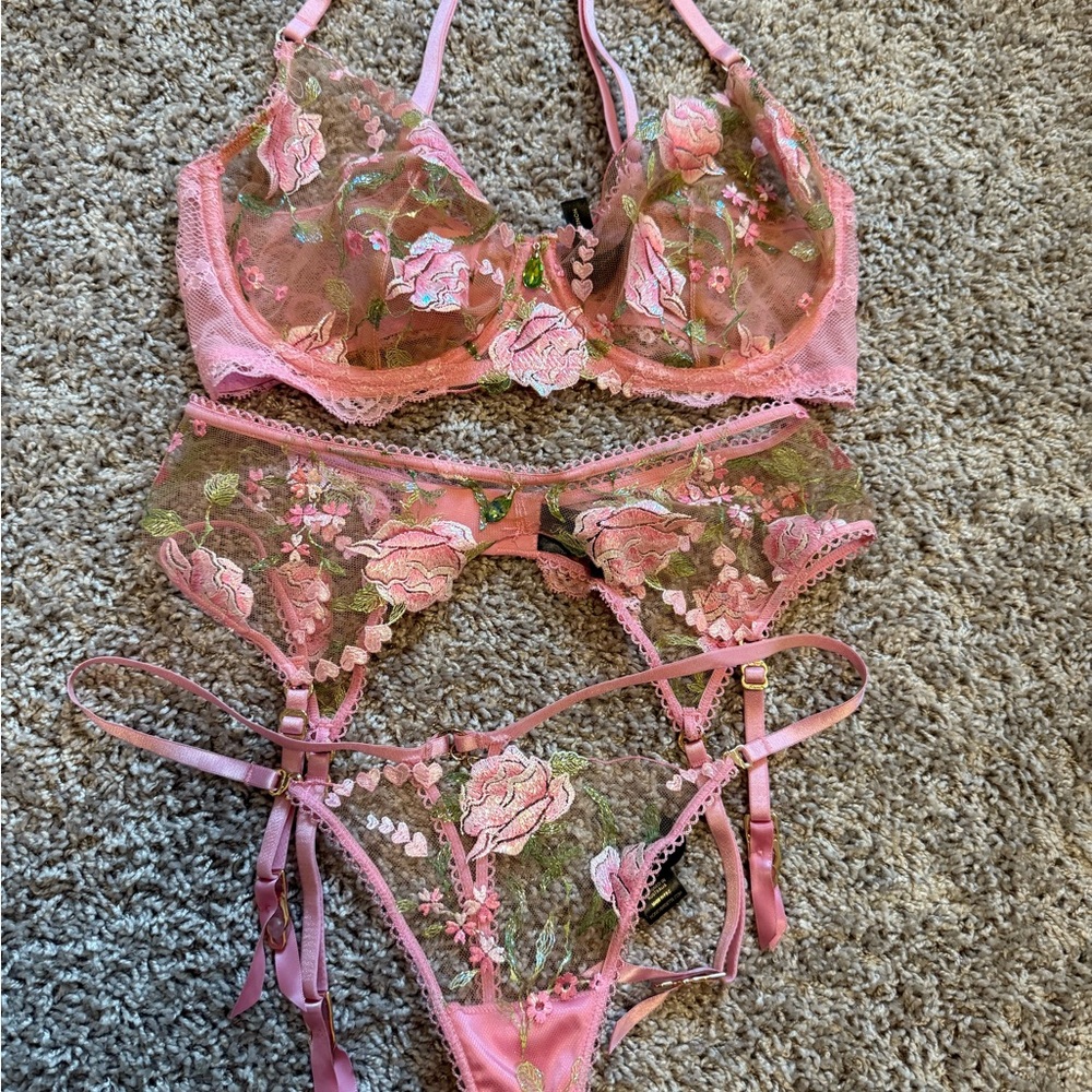Honey Birdette pink Whitney set 32DDD Small thong and garter belt
